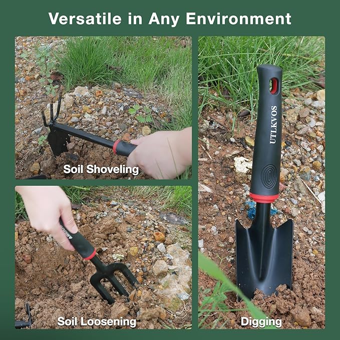 Gardening Tools Set, 6 Pieces Heavy Duty Rust-Proof Gardening Tool Kit, Ergonomic Soft Rubber Handles, Includes Trowels, Rakes, Weeding Tool, and Hand Fork for Digging, Planting, Weeding