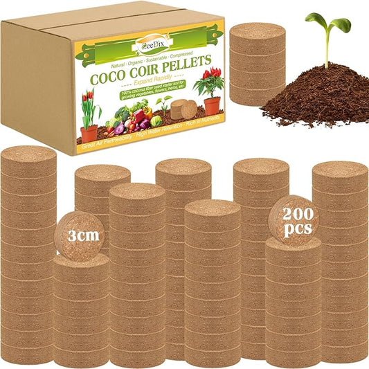 ZeeDix 200Pcs (30mm) Compressed Coco Coir Fiber Potting Soil Seed Starters - Organic Coco Coir Pellet Fiber Soil for Planting Bonsai, Herbs, Flowers and Vegetables