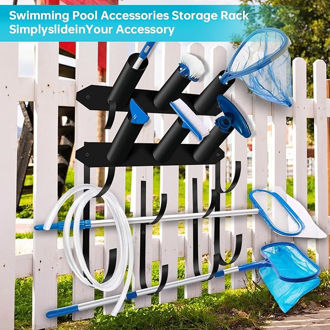 Jantens Swimming Pool Accessory and Equipment Organizer, Pool Maintenance Tool Organizer for Pool Vacuum, Skimmer Net, Hose, Telescopic Pole and More Above Ground Pool Accessories, Black, A&EO02