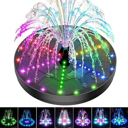 Solar Bird Bath Fountains Upgraded, 4W Solar Powered Water Fountain Pump with 4000 Battery, 7 Nozzles & 4 Fixers, Colorful LED Lights for Garden, Swimming Pool, Pond, and Outdoor Decor