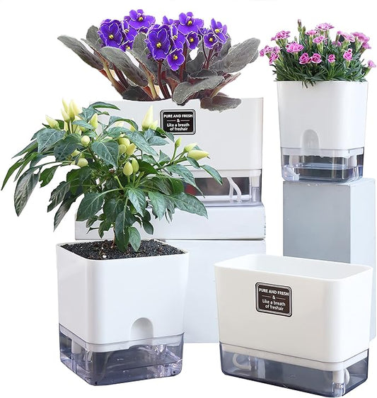 FAMZ Self Watering Planters 4 Pack,Self Watering Pots for Indoor Plants,Automatic Moisturizing,Transparent Square Flower Pot for Indoor and Outdoor Plants,Succulents,Violets,Ivy