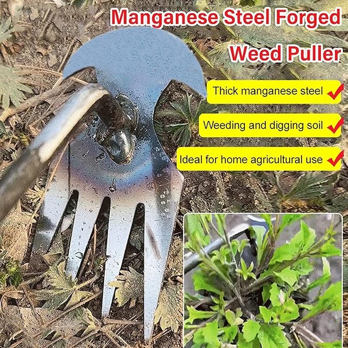 Weed Removal Tool, 2025 New Garden Weeding Tools Manganese Steel Hand Weeder Tool with Handle, 4 Teethes Dual Purpose Manual Weeders Tool Weed Pulling Tool for Garden (Wooden Handle)