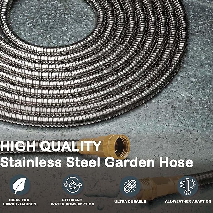Stainless Steel Garden Hose: Durable Quality Metal with High-pressure Water Output for Gardeners(15FT)