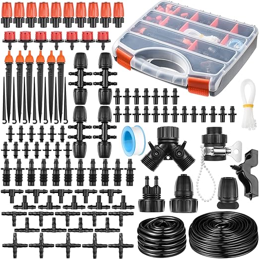 280 Pcs Drip Irrigation Kit, 147FT Garden Watering System 1/2 1/4 in Distribution Tubing Hose Automatic Patio Misting System Micro Automatic Drip Irrigation for Plant Garden Greenhouse Patio Lawn