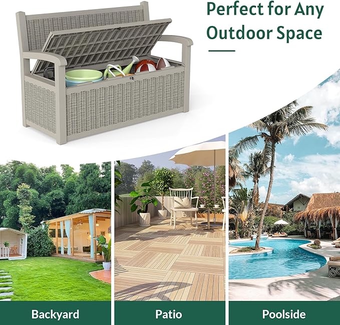 70 Gallon Storage Bench Deck Box,Patio Storage Benches with Armrest, Lockable Bench Outside, Waterproof for Pool Patio Garden (Grey)