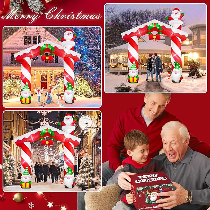 Danxilu 10 FT Giant Christmas Inflation Archway Outdoor Decoration, Blow Up Yard Decorations with Gnomes & Santa Claus Built-in LEDs Xmas Inflatable Arch for Outside Garden Lawn Holiday Party Decor