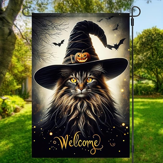 Double Sided Vertical Flag - 12x18 Halloween Cat Garden Flag for Outside, Fall Holiday Outdoor Decorative Flag