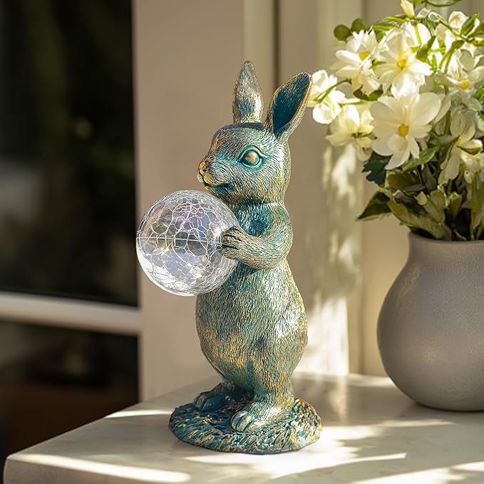 MININOVA Garden Outdoor Statues Rabbit with Solar Light Bunny Figurines Decorations with Wider Base & Reinforced Weight for Patio Yard Lawn Ornaments Gifts for Birthday Christmas Housewarming