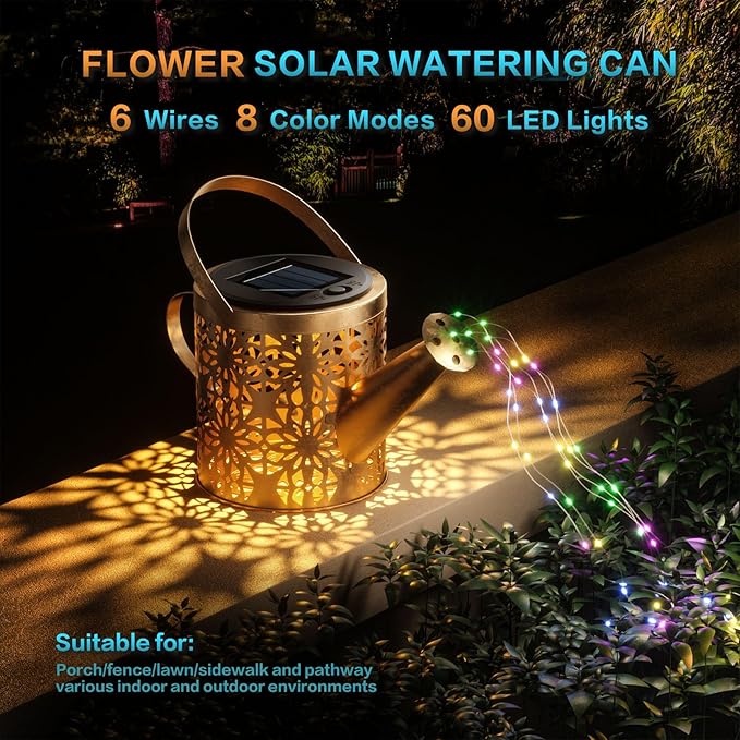 Solar Watering Can with Colorful Lighting, Waterproof Garden Decor, Birthday Gifts for Mom Grandma (Flower, 32 inch Shepherd Hook)