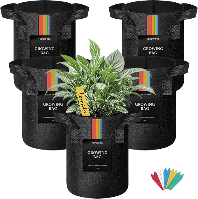 The Growing 5 Pack 1 Gallon Fabric Grow Bags,Thickened Aeration Nonwoven Fabric Plant Pots with Durable Handles,Heavy Duty 300G Planter Pot for Tomato, Fruits, Vegetables and Flowers, Black