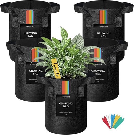 The Growing 5 Pack 1 Gallon Fabric Grow Bags,Thickened Aeration Nonwoven Fabric Plant Pots with Durable Handles,Heavy Duty 300G Planter Pot for Tomato, Fruits, Vegetables and Flowers, Black