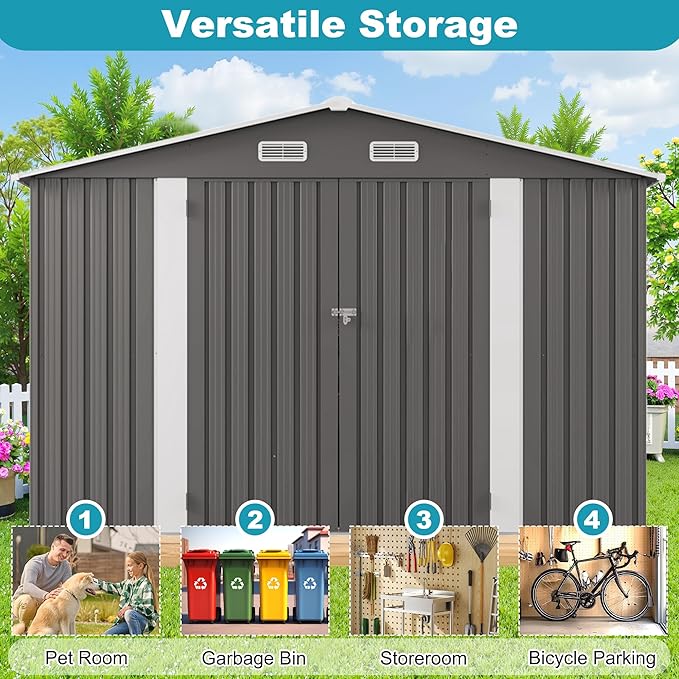 10x12 FT Outdoor Storage Shed, Large Metal Tool Shed with Peaked Roof and Lockable Door, Galvanized Steel Garden Shed with Clear Windows for Backyard Garden Patio Lawn, Gray