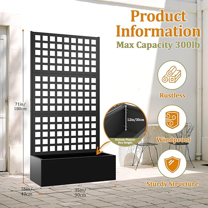 Metal Planter Box with Trellis, Heavy-Duty Raised Garden Bed for Climbing Plants, Drainage Hole, Outdoor Planter Box with Privacy Screen,35''L×16''W×71''H