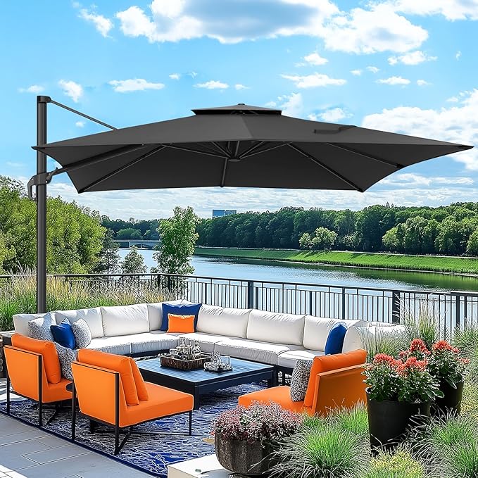 Hotime 10ft Cantilever Patio Umbrella Outdoor Heavy Duty Double Top Windproof Aluminum Offset Umbrella with 360°Rotation for Pool Garden Deck, Gray