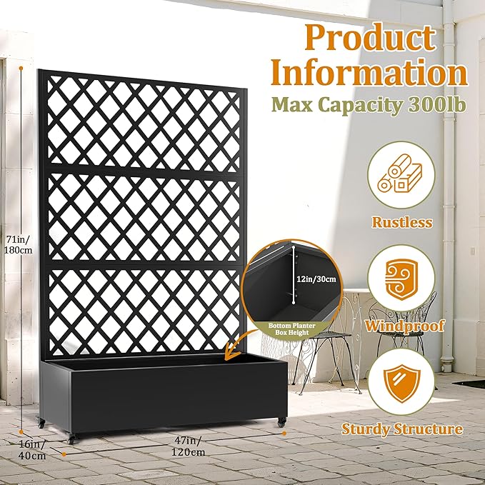 Metal Planter Box with Trellis, Heavy-Duty Raised Garden Bed for Climbing Plants, Drainage Hole, Outdoor Planter Box with Privacy Screen,47''L×16''W×71''H