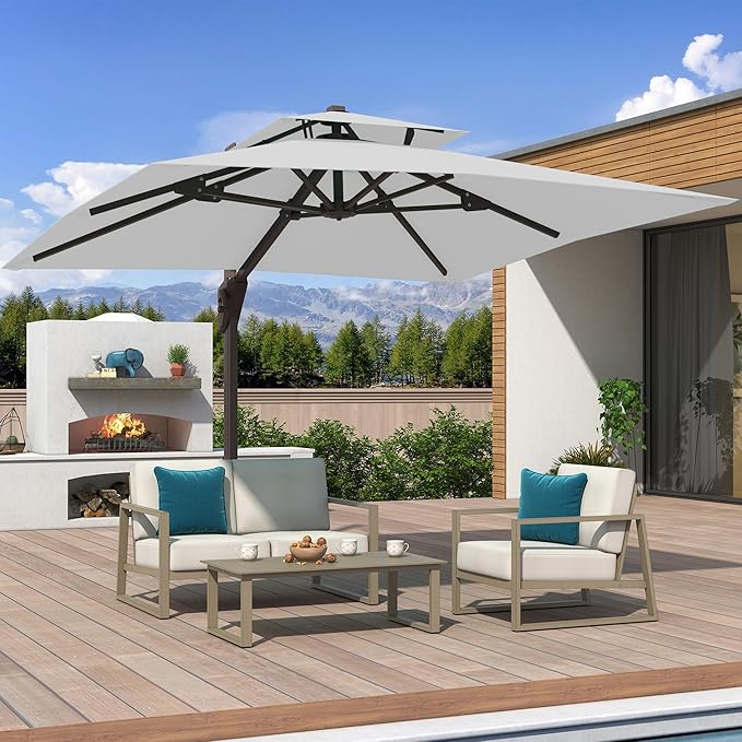10x10 FT Cantilever Patio Umbrella with Base Included Double Top Outdoor Square Large Heavy Duty Aluminum Offset Umbrellas with 7 Level Tilt 360-degree Rotation for Pool Garden Deck,Fog Grey