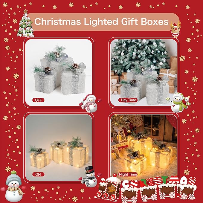 Set of 3 Christmas Lighted Gift Boxes, 60 LED Light Up Present Boxes for Christmas Decorations Indoor Outdoor Yard Xmas Tree Holiday Party Lawn Porch Home Decor (White)