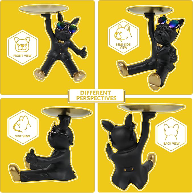 French Bulldog Tray Statue, Black Frenchie Sculpture with Gold Tray for Entrance Coffee Table Décor, Dog Key Holder Jewelry Trays