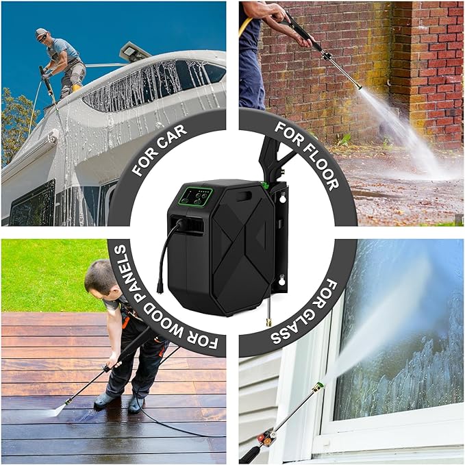 Wall Mounted Pressure Washer with 100FT Retractable Hose, 5-Stage Adjustable Pressure, Foam Cannon & 5 Nozzles for Car, Lane, Patio Cleaning, Black