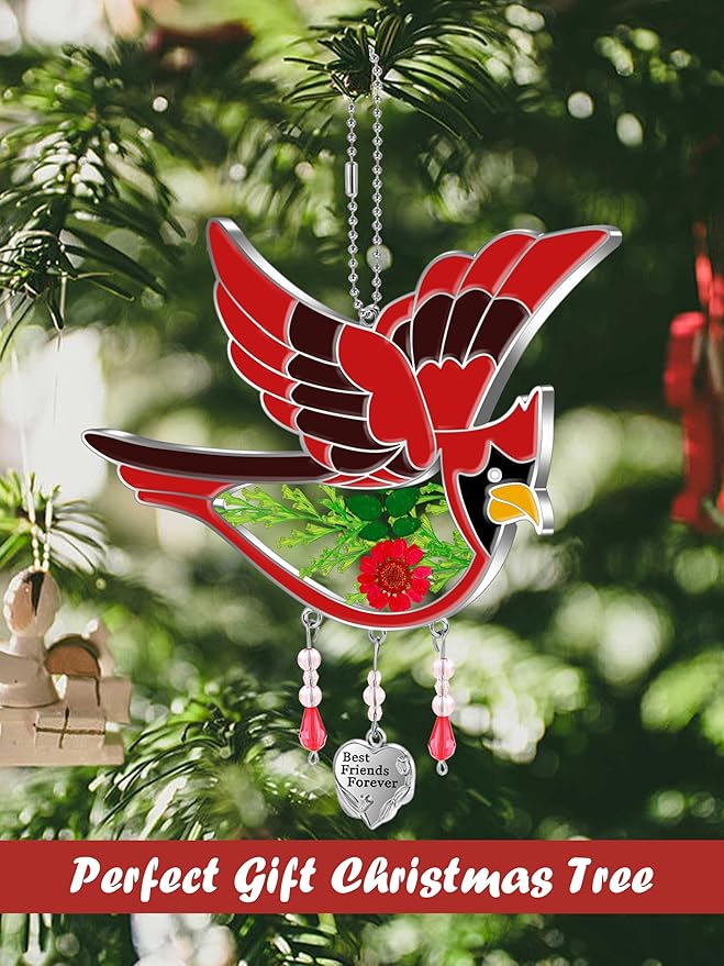 KY&BOSAM Best Friend Forever Cardinal Suncatcher Gifts for Friend Hand-Painted Garden Ornament Hanging Wind Chime with Pressed Flower Cardinal Embedded in Glass Mother`s Day Birthday Christmas