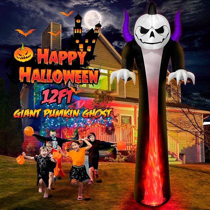 12FT Halloween Inflatables Decoration Outdoor Giant Pumpkin Reaper Ghost Built-in 3-Colored Rotation Flame LED Halloween Blow Up Yard Decorations Spooky Outdoor Party Yard Lawn(1PCS)