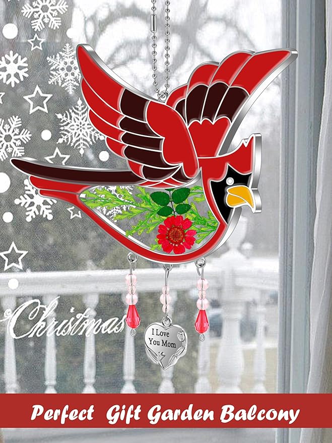 KY&BOSAM Cardinal Suncatcher I Love You Mom Glass Hangings for Windows Wind Chime Ornament with Hand Painted Real Flower and Metal Heart Charm Birthday Gifts for Women Mom Mother's Day
