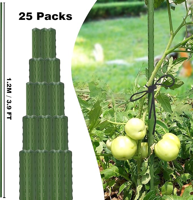 Xiny Tool Garden Stakes, 25 Pack 4 Ft Steel Plant Garden Tomato Stakes with Plastic Coat for Climbing Plants (25 Pack 48 Inch)