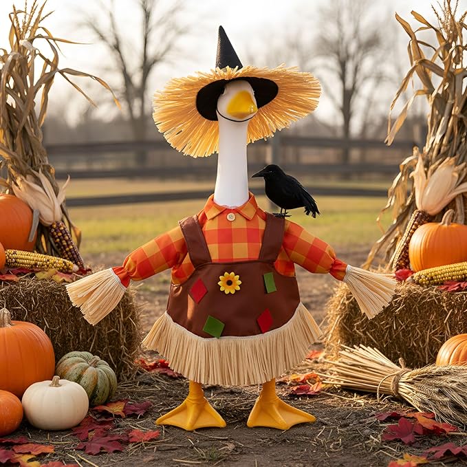3 Pcs Thanksgiving Scarecrow Porch Goose Outfits for 23 Inch Lawn Statue Goose Design with Hat Thanksgiving Day Fall Garden Patio Yard Outdoor Party Decorations(Female Scarecrow)