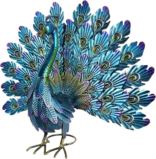 YEAHOME Garden Decor Outdoor Statues, 22.4" Large Metal Peacock Standing Yard Art, Blue Green Bird Lawn Sculptures Garden Decor for Outside Patio Porch Backyard