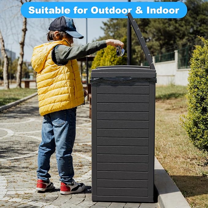 Outdoor Trash Can with Lid, Outdoor Trash Bin & Pull-Out Liquid Drawer, Dual Lid Closure Design, Waterproof Resin Garbage Can Container for Patio, Backyard, Deck (Black, 31 Gallon)