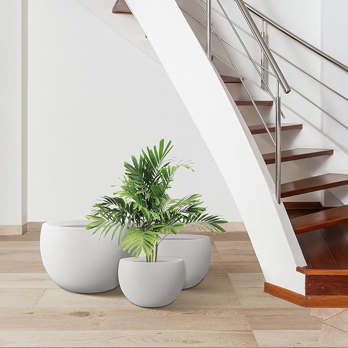 Kante 19.9",15.7",11.8" Dia Round Concrete Planter Set of 3, Outdoor/Indoor Large Bowl Plant Pots with Drainage Hole and Rubber Plug for Garden Patio Balcony Home, Pure White