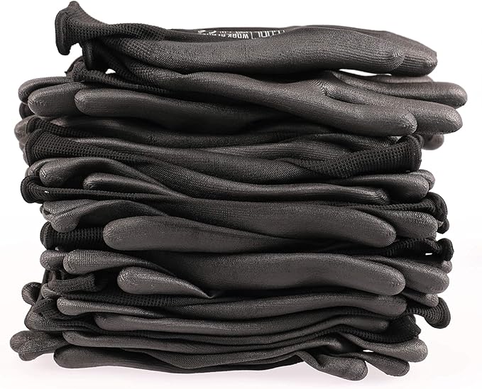 Ultra-Thin PU Coated Work Gloves-12 Pairs,Excellent Grip,Nylon Shell Black Polyurethane Coated Safety Work Gloves, Knit Wrist Cuff,Ideal for Light Duty Work. (Small)