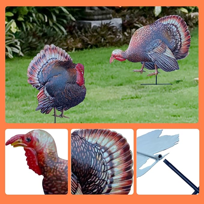 Turkey Metal Garden Stakes Outdoor Decorative Sculptures Holiday Yard Art Fall Thanksgiving Decor for Outdoor Holiday Party Garden Yard Lawn Decor, 2 Pack