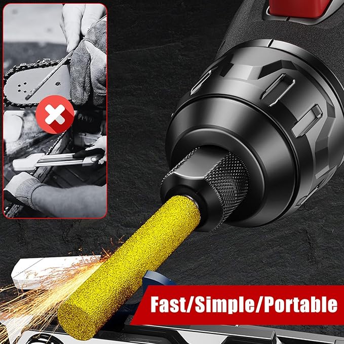 Electric Cordless Chainsaw Sharpener Kit, Chain Saw Sharpener Tool 12V Battery powered with 9 Titanium Plated Diamond Bits(3 types) & brush head & Angle Attachment, Easy to Use for All Chainsaw Chains