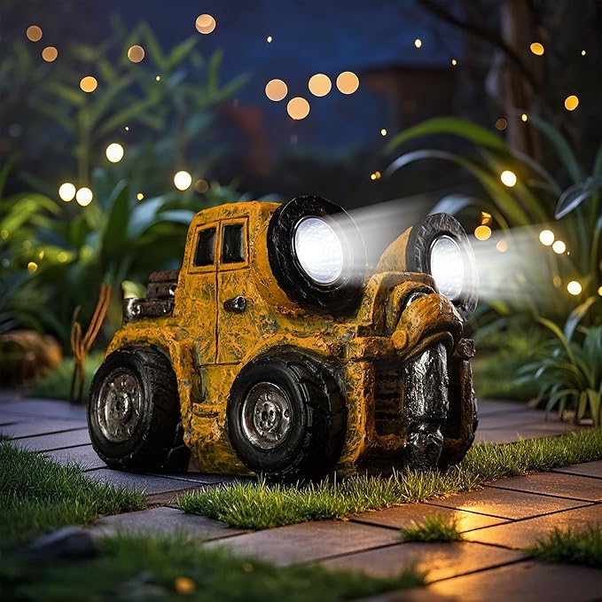 Garden Statue Outdoor Construction Vehicle Decor with Solar Light Decoration for Yard Patio Lawn Vintage Engineering Decor Gifts for Women
