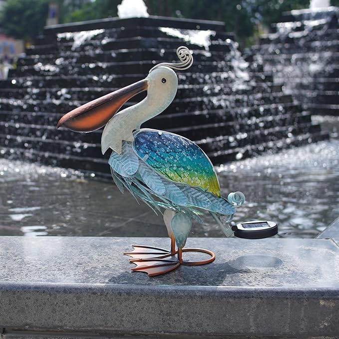HONGLAND Solar Metal Pelican Statues Garden Sculpture & Statues, 17 Inch Glass Outdoor Pelican Yard Art Coastal Ocean Bird Decor Lawn Ornament for Backyard Porch Patio Decor(Blue-Green)