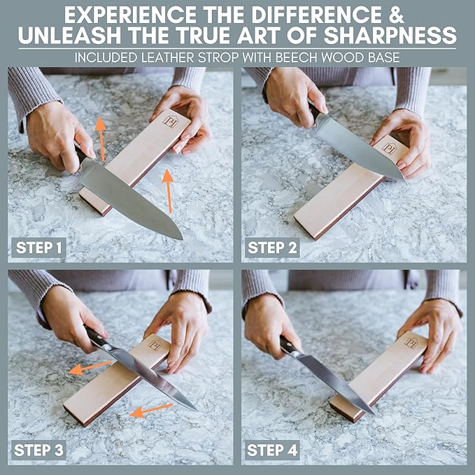 ORIGINAL ADJUSTABLE ROLLING KNIFE SHARPENER KIT: Adjustable Height, 30 Angle Options, 5 Removeable Whetstone Plates, Leather Strop with Travel Case - Kitchen Knife Sharpener