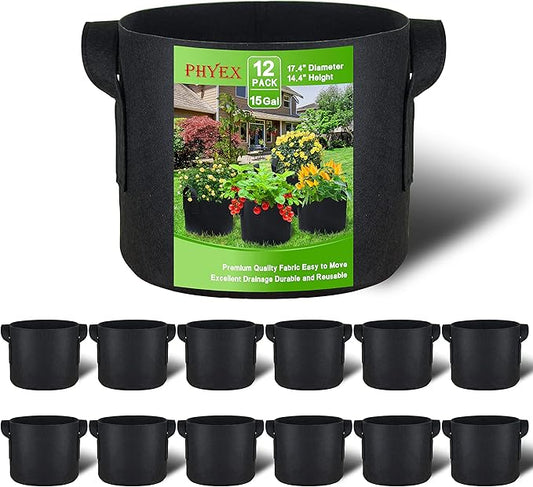 PHYEX 12-Pack 15 Gallon Grow Bags, Thickened 300G Nonwoven Fabric Pots with Reinforced Handles, Planting Bags for Healthy Root Growth, Vegetables, and Flowers, Come with 12 Pcs Plant Labels
