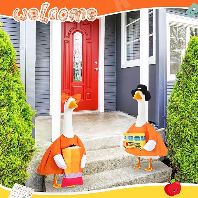 2 Set Halloween Porch Goose Outfit Set for 23'' Plastic Garden Statue Lawn Porch Goose Clothes Costume Accessories for School Outdoor Home Patio Yard Decor(Pencil and Bus)