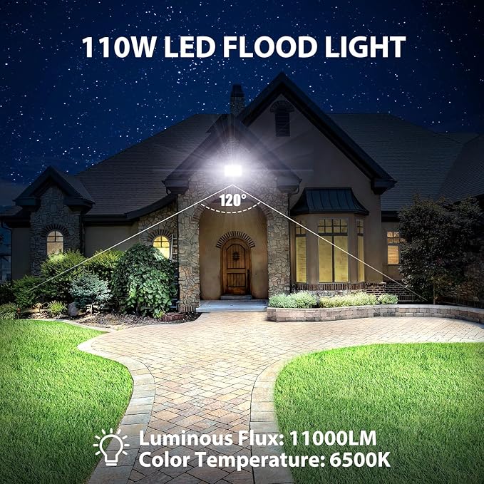 110W Flood Lights Outdoor, LED Work Light with Plug, Daylight White 6500K LED Flood Light, IP66 Waterproof Exterior Security Lights for Yard Garage Stadium 4 Pack