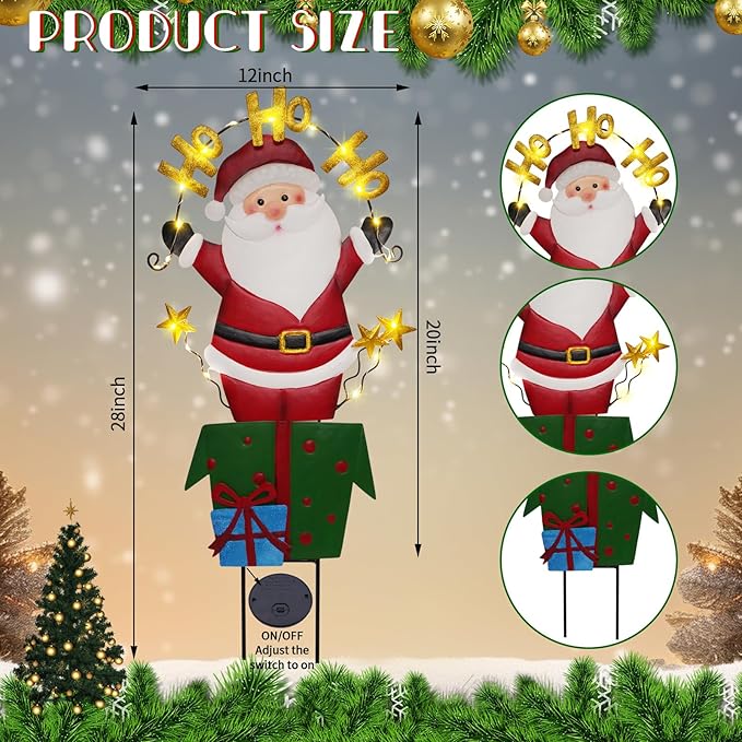 Solar Christmas Lights Outdoor Garden Stakes, 30in Metal Santa Claus Yard Signs with LED String Lights, Waterproof Christmas Decor for Xmas Lawn Pathway Patio Party Winter (Santa Claus)