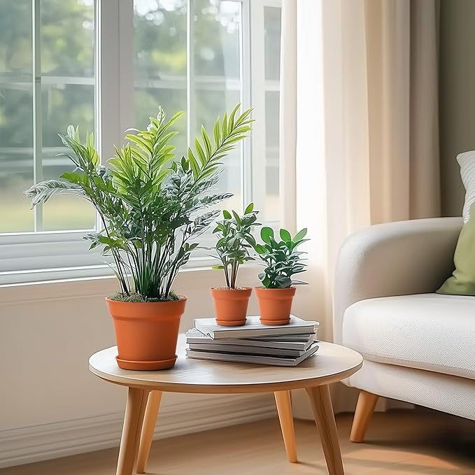 T4U 7.5 Inch Plant Pots 12-Pack - Small Plastic Planter with Drainage Hole and Saucer, Decorative Nursery Pot Bulk for African Violet, Succulent and All House Plants Indoor (Terracotta)