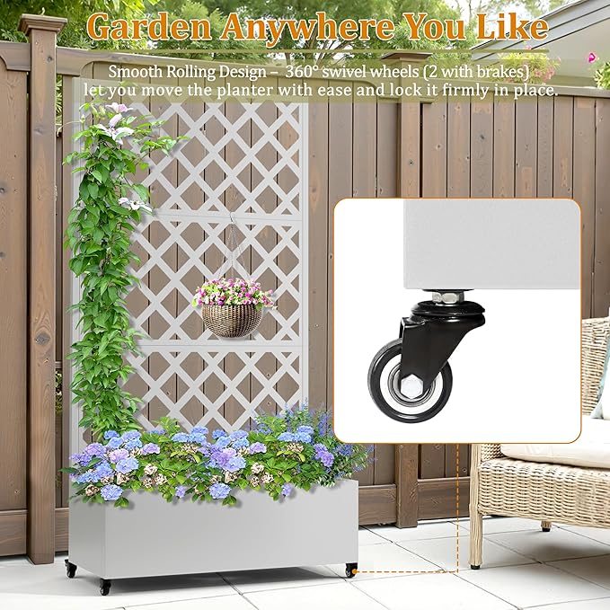 Metal Planter Box with Trellis, Heavy-Duty Raised Garden Bed for Climbing Plants, Drainage Hole, Outdoor Planter Box with Privacy Screen,35''L×16''W×71''H