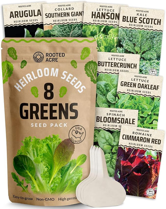 Rooted Acre 8 Lettuce & Greens Seed Vault - 1200 Non-GMO, Vegetable Heirloom Seeds for Planting Indoor or Outdoor - Hydroponic Garden Seeds - Salad Greens Mix - Spinach, Kale, Lettuce, and More