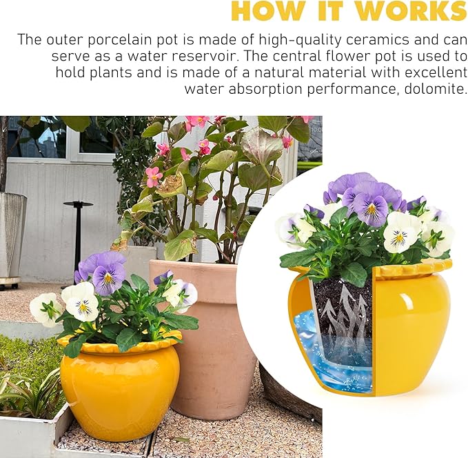 8in Self Waterring Terracotta Planter Yellow Ceramic Pot Maintenance Plant Seeder Planting Flower Pot Design Self Watering Planter for Indoor Plants African Violet Planter Pot