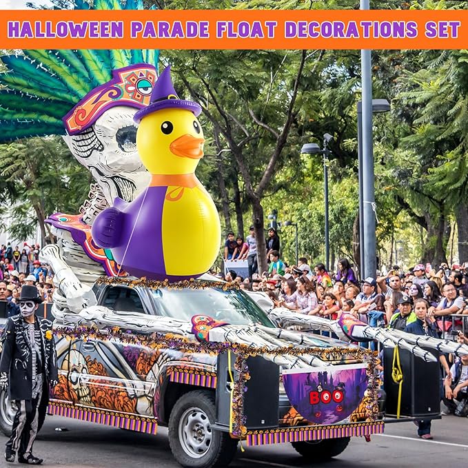 Hungdao 4ft Halloween Inflatable Witch Duck Halloween Golf Cart Decorations Kit PVC Blow Ups Witch Duck Tinsel Garlands Tinsel Streamers Fan Flag, Reusable Outdoor Decoration for Parade Yard
