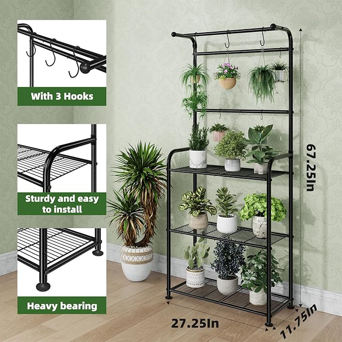 Plant Stand Outdoor Indoor, Metal 3 Tiered Tall Hanging Plant Shelf Heavy Duty for Multiple Flower Planter Holder 67" Large Rack for Living Room Garden Balcony, Black