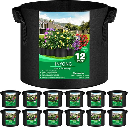 12-Pack 15 Gallon Thickened Non-Woven Grow Bags, Aeration Fabric Pots with Handles(Black)
