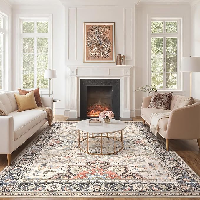 10x14 Area Rugs for Living Room - Large Carpet Ultra Thin Soft Washable Oriental Vintage Floral Distressed Rug Big Indoor Carpets for Bedroom Nursery Dorm Home Decor Aesthetic - Multi