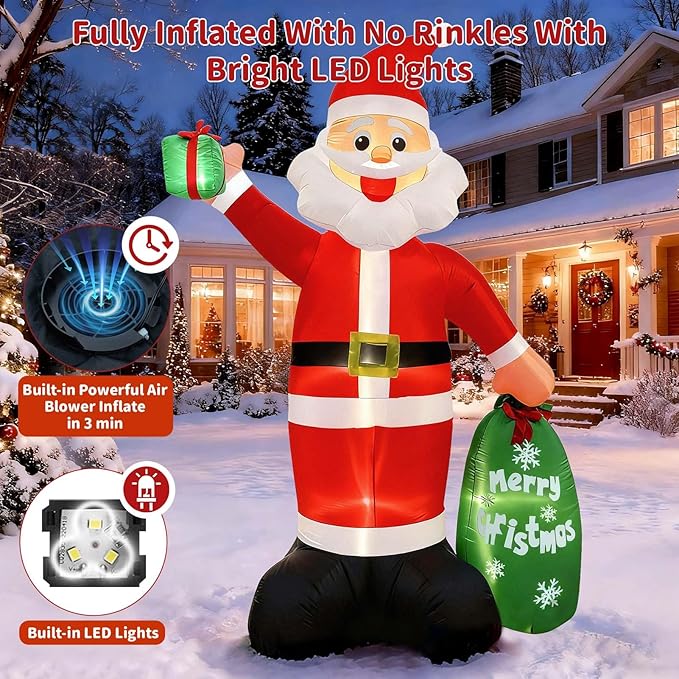 12FT Giant Christmas Inflatable Santa Claus with LED Lights and Gift Bag, Outdoor Blow Up Decorations for Yard, Indoor Holiday Party, Built-in Lights, Weatherproof, Includes Stakes & Sandbags